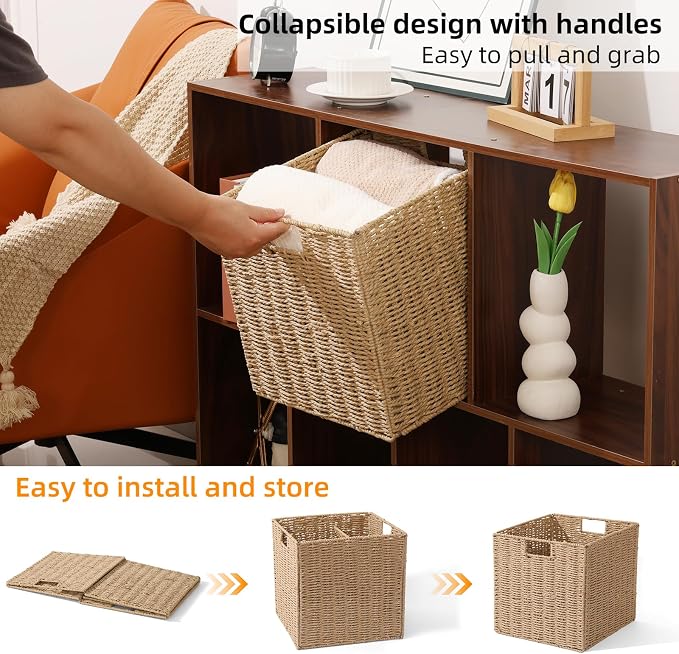 Set of 2 Hand-Woven Paper Rope Wicker Baskets, Storage Basket, Foldable Cube Storage Bins, Natural Color Storage Cubes, Square Baskets for Organizing Shelves Decor, 12x12x12in