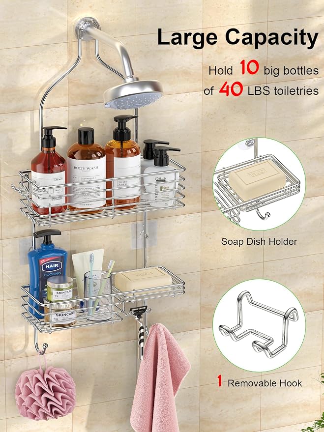 SMARTAKE Hanging Shower Head Caddy, Shower Shelf Organizer, Silver | SUS201 Rustproof Stainless Steel Over The Storage Rack, for Toilet, Bathroom