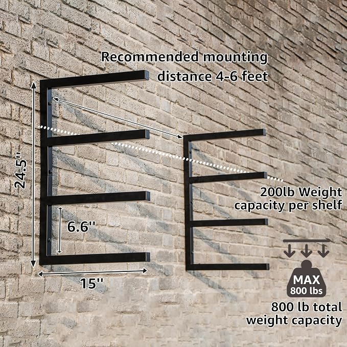 YYR Wood Organizer and Lumber Storage Rack Wall Mount, Heavy Duty Metal Shelf with 4-Level Holds Up 800 LBS, Indoor & Outdoor Use - Black