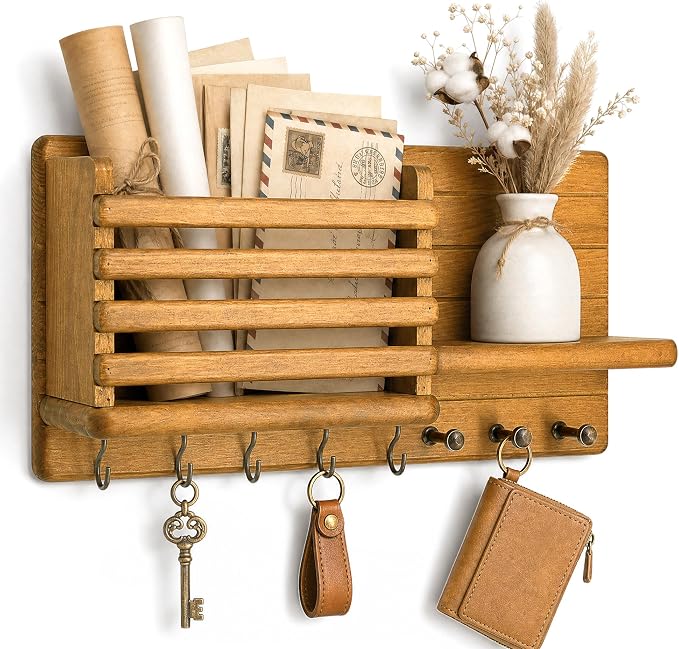 Rebee Vision Key Holder Wall Mount with Mail Slot for Home Decor, Yellow | Pine Wood, Key Holder for Wall, Storage Shelf, 8 Hooks, Mail Holder, Bedroom, Decorative Storage, Apartment Rustic Aesthetic