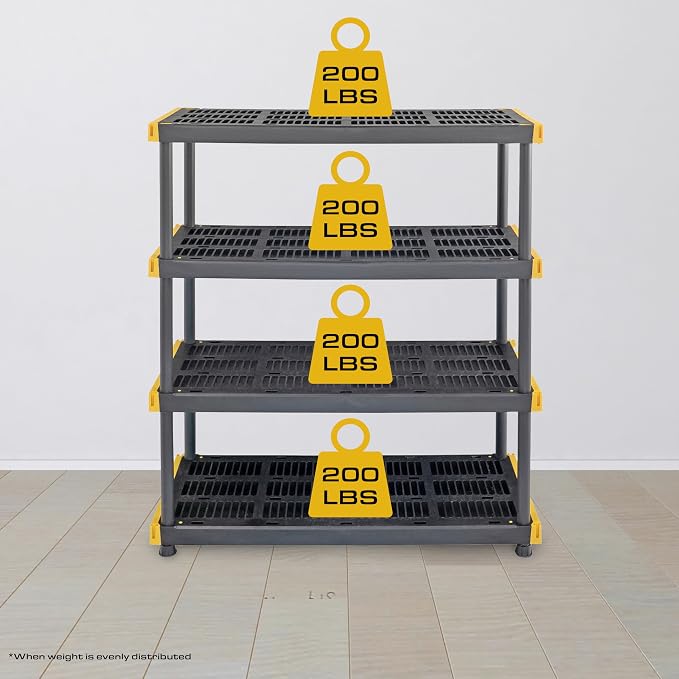 CX Black & Yellow, 4-Tier Heavy Duty Plastic Storage Shelves that Support up to 200lbs/shelf, Organization and Storage, Weather-Resistant Design, Easy Assembly (55" H x 48" W x 20" D) | Freestanding garage utility rack with easy assembly, 4 shelves at ...
