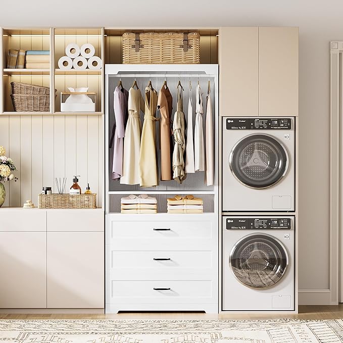 IRONCK Freestanding Closet System with Adjustable Shelves & 3 Drawers | Closet Organizer with Hanging Rod, Ideal for Bedrooms, Apartments and Small Closet Storage