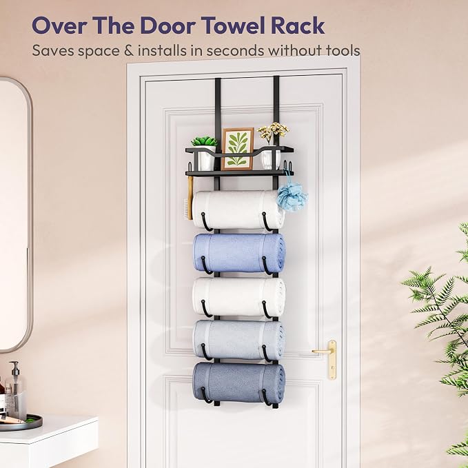 SWTYMIKI Over the Door Towel Rack - 6 Tier Towel Racks for Bathroom Wall Mounted, Towel Holder with Shelf, Hanging Rolled Towel Storage Organizer for Small Bathroom, Camper, RV, Black