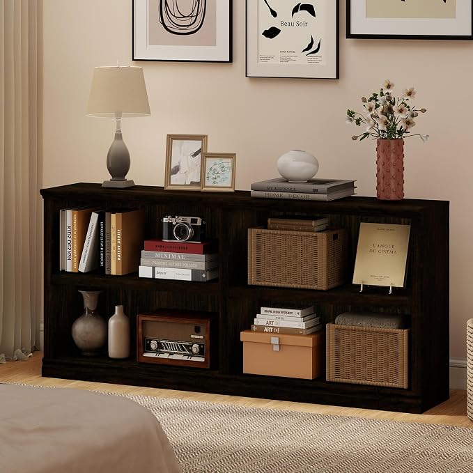 64" W Double Wide Horizontal Bookshelf, 2 Tiers 4 Storage Cube Book Case | Open Shelf Bookcase, Display Cabinet Organizer Indoor Furniture, Home Library Office, Dark Cherry, Adjustable Shelf