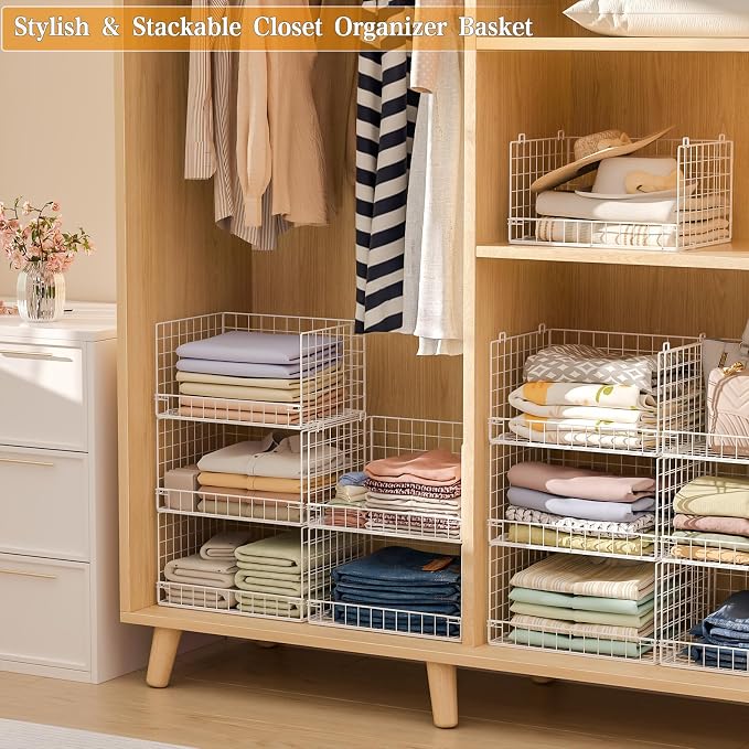 Yociyoga Closet Organizers and Storage Basket- 3-Tier Stackable Storage Bins, Foldable Closet Shelf Organizer Basket, Stackable Clothes Organizers Shelves for Home Organizer System(Patent 30022416)