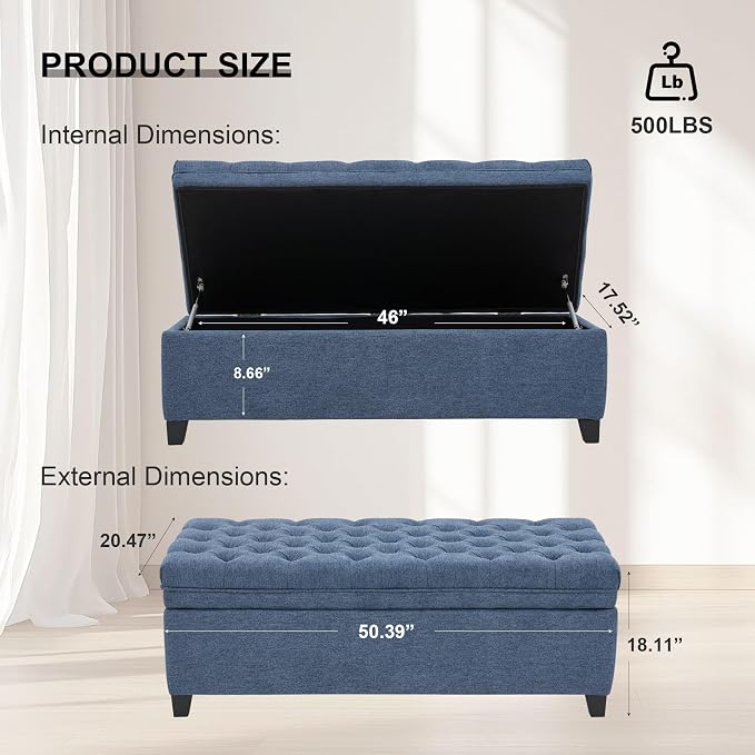 51" Storage Ottoman for Bedroom & Living Room, End of Bed Bench with Black Wooden Legs, Linen Upholstered Tufted Ottoman, Entryway Storage Bench, Dark Blue