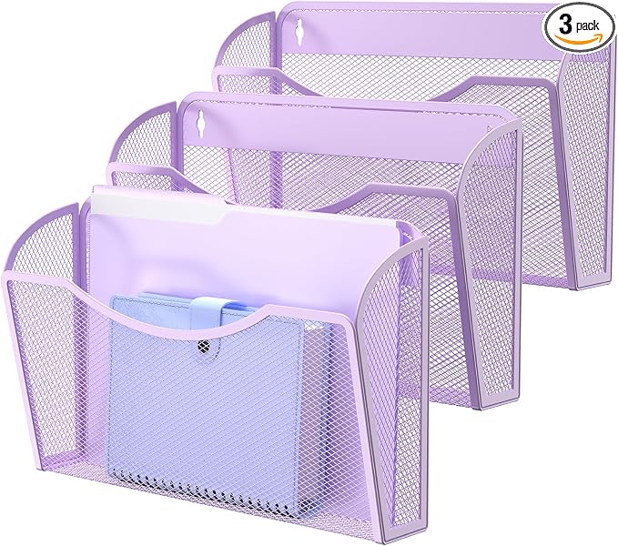 MINDEPOT Wall File Organizer, Hanging Wall File Holder, 3 Pack, Purple | Heavy Duty Iron, Metal Mesh Wall Mount, Single Pocket, Mail Organizer, for Office School Classroom Home, Letter A4 Size