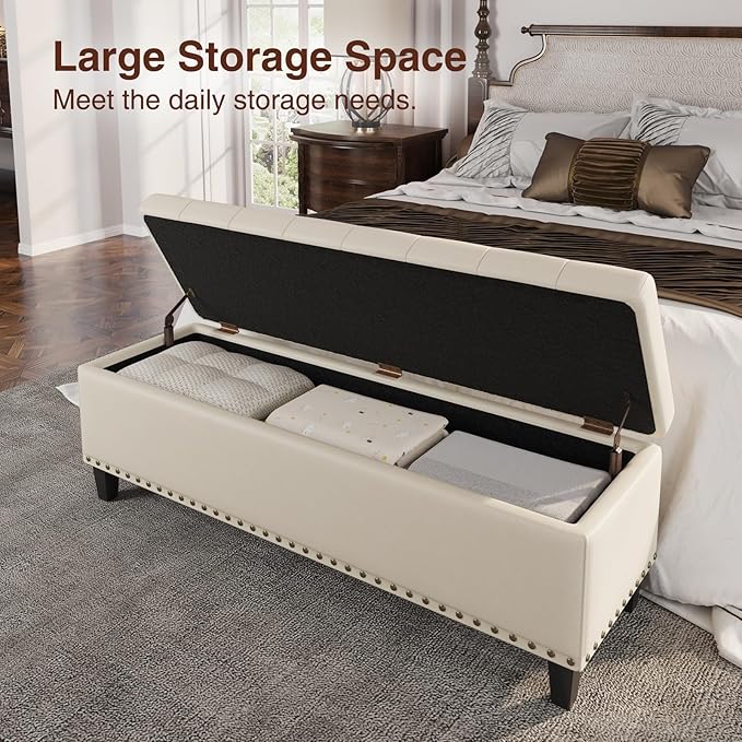 FiveWillowise 51 Inch Storage Ottoman Bench,Large End of Bed Storage Bench | Faux Leather Ottoman with Storage,30 Gallons,Upholstered,with Nailhead Trim,Legs,for Bedroom,Living Room,Entryway,Cream White