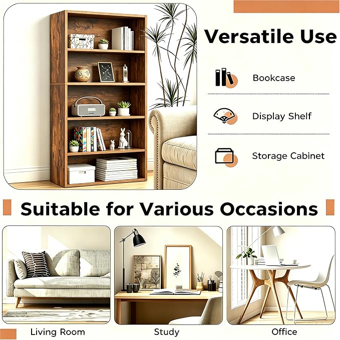 HealSmart 5 Tier Bookcase, Industrial 5 Book Shelf, 9.2" D x 23.8" W x 53" H Tall Open Cube Storage Organizer for Home Office, Living Room, Bedroom and Dinning Room, Brown