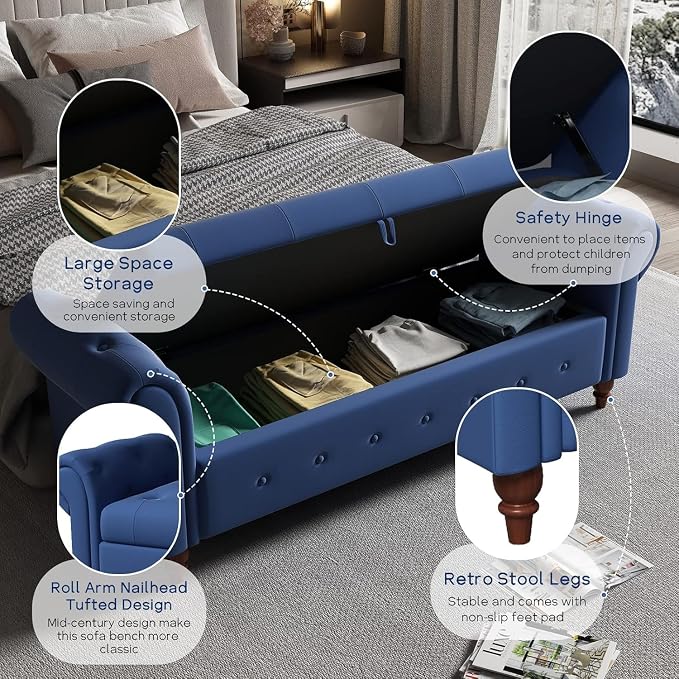 NIOIIKIT 63'' Storage Ottoman Bench, Tufted Entryway Bench Blue Polyester | Button Tufted End of Bed, Large Storage Space, Rolled Armed Ottoman Couch Long Bench for Bedroom, Living Room, Hallway