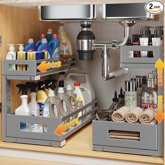 2-Pack 17"Deep Under Sink Organizer And Storage, 2-Tier L-Shaped Pull Out Cabinet Organizer with Upgraded Slide Rails, Height Adjustable Drawers for Kitchen&Bathroom, Extra-Large Storage Shelves–Gray