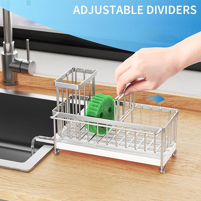Cisily Sponge Holder for Kitchen Sink, Sink Caddy Organizer with High Brush Holder, Kitchen Countertop Organizers and Storage Essentials, Rustproof 304 Stainless Steel (Silver with Towel Rack, 9.25″)