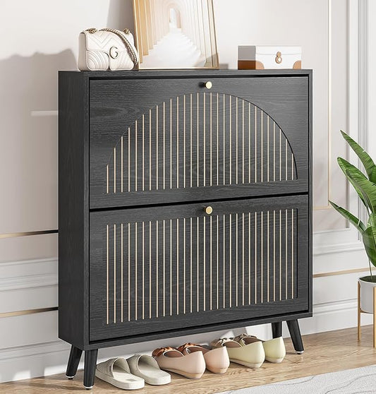 Fsbecl Shoe Storage Cabinet for Entryway with 2 Flip Drawers, Narrow Wood Shoe Cabinet with Fluted Panel, Freestanding Hidden Shoe Organizer for Hallway