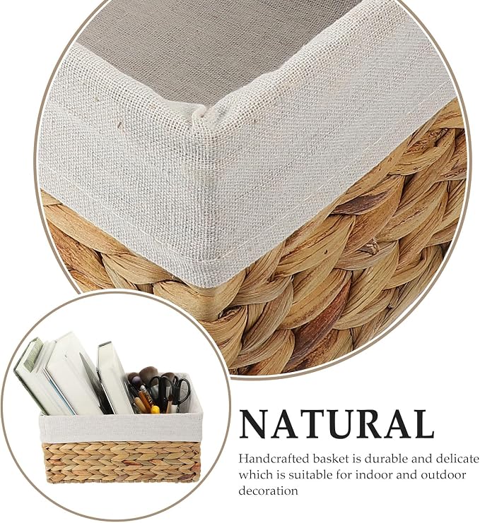 Toyvian Woven Storage Basket with Liner, Handwoven Straw and Seagrass Desktop Organizer, Decorative Sundries Container for Home Shelves and Household Storage
