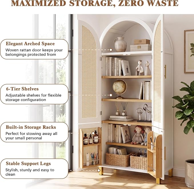 Merax 71" Arched Bookcase,Tall Pantry Storage Cabinet with Shelf Doors | Farmhouse Bookshelf with Rattan Doors Built-in Racks for Home Office,Kitchen,Dining Room,White