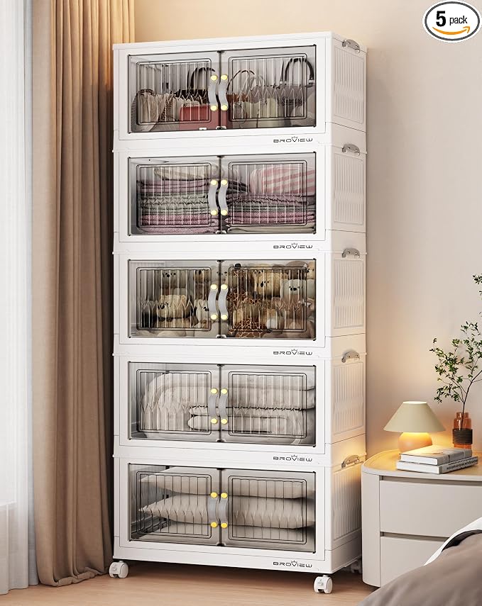 BROVIEW 300 Qt Stackable Storage Bins with Lid, Plastic Closet Organizers and Storage Drawer, Collapsible Storage Box with Wheels, Folding Storage Cabinet for Closet Clothes Organization, 5Pack White