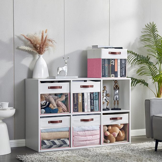 Storage Cubes, 4 Pack Linen Foldable Storage Bins (13 x 13 inch) with Clear Window and Handles, Fabric Organizer for Shelf Closet, Clothes, Books - (Pink and White)