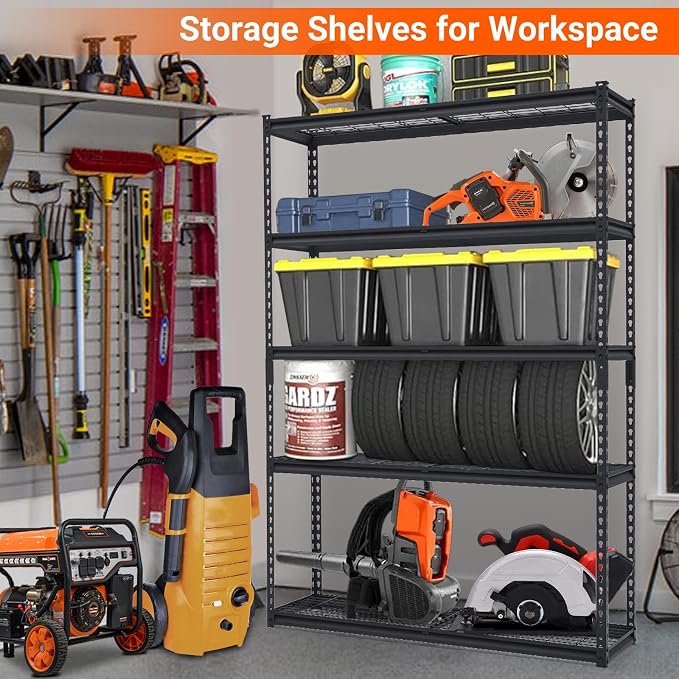 Garage Storage Shelves 5 Tiers, Heavy Duty Storage Shelving Racks with 2500 LBS Capacity, 48 in L x 18 in W x 72 in H Metal Adjustable Utility Shelving Unit for Garage Organization, Basement, Workshop