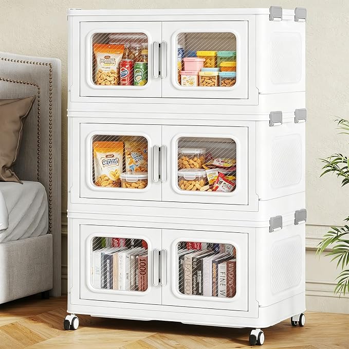 BROVIEW 150 Qt/37.5 Gal Stackable Storage Bins with Lids, 3 Pack, White | Small Stackable Storage Boxes w/ 3 Lid Folding Plastic Cart Organizer for Home Kitchen, Open Front Clear Door with Wheels