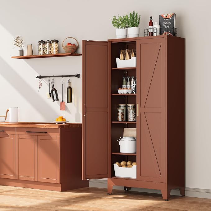 Bevivog Tall Rust Brown Storage Cabinet, 71" Metal Pantry Cabinet with 2 Doors and 4 Adjustable Shelves, Industrial Farmhouse Metal Pantry Cabinet for Kitchen Garage