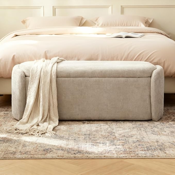 VKNOW Storage Bench, Upholstered Storage Ottoman Bench with Hinge, Khaki | Ottoman Bench with Large Capacity, Curved Frame, Soft Fabric, Storage Bench for Bedroom, Living Room, Entryway, Window