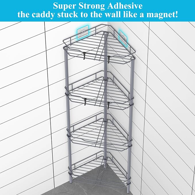 HuggieGems 4 Tier Floor Standing Corner Shower Caddy Organizer Shelf with Hooks, Bathroom Shelves Stand Rack, Dark Gray