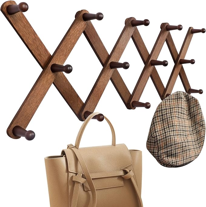 OROPY Accordion Wall Hanger with 14 Pegs, Expandable Wooden Coat & Hat Rack | Walnut Color, Hat Display Rack, X Shape Rack for Coat, Hats, Bags, Baseball Caps, Coffee Mug, Jewelry