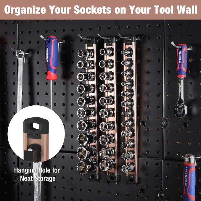 WORKPRO Magnetic Socket Organizer, Heavy Duty 3/8-Inch Drive Socket Rail | 1 Piece Socket Holder with 10 Spots, Aluminum Alloy, Rotatable & Movable Clips, Efficient Organization
