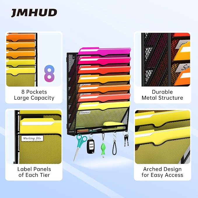 8-Tier Wall File Organizer with Base and Hooks, Hanging Organizer, Black | Wall Organizer and Wall File Holder with 8 Vertical Pockets and Bottom Tray for Files, Mail, Folders, Magazines and Paper