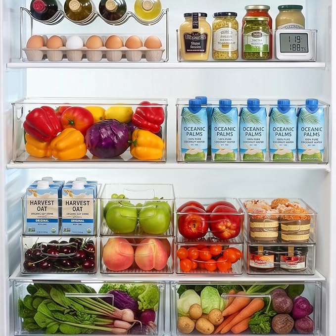 Hudgan 8 Pack Freezer Organizer Bins,Stackable,Clear Bins for Fridge,Pantry | Straight Side, 3 Sizes, 2 XL Storage Container, 3 Large Cabinet Organizer, 3 Medium Storage Drawer