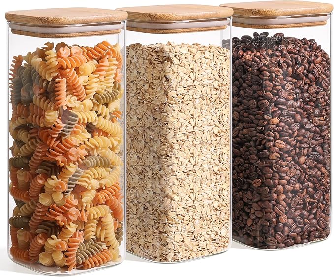 ComSaf Glass Storage Containers wtih Lids 1.9 Qt, Set of 3 Food Storage Jar | Pantry Storage Containers, Glass Jar, Square Canisters, Bamboo Lid with Silicone Seal, Cookie, Cereal, Coffee, 61oz, BPA Free