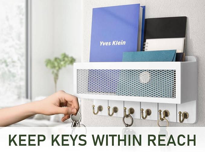 Rebee Vision Key Holder Wall Mount with 6 Hooks for Entryway, Rustic White | Key Holder for Wall, Mesh Storage Basket, Letter Storage, Key Rack, Office and Hallway Organizer, Apartment, Home Accent