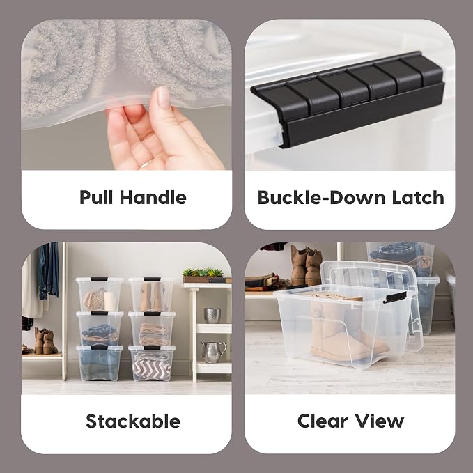 IRIS USA 6-Pack 32 Quart Storage Bins with Lids, Clear | Transparent design makes contents easy to find. Great for linens, décor, closet storage, and supplies. Nestable design saves