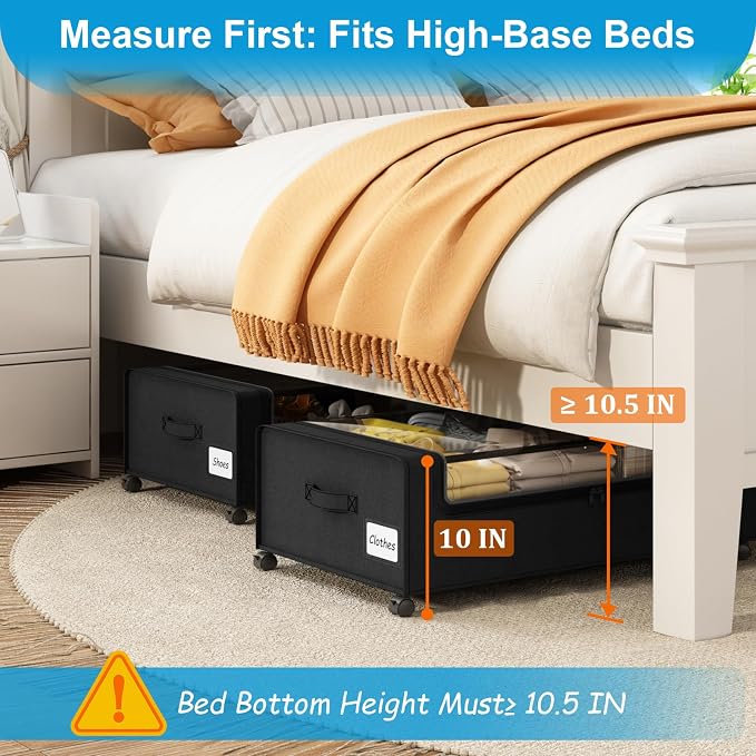 Webetop 10 Inch Underbed Drawer Storage Wheeled 2-Pack for Shoes & Clothing | Transparent Window for Visibility, Sturdy Metal Frame, Dual Zipper Access, Easy-pull Handle Straps,Bedroom Storage Solution