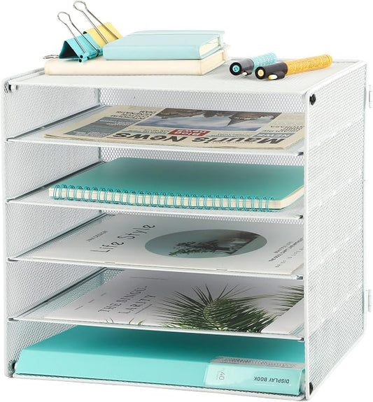 5 Slot Mesh Desk Organizer Tray, File Paper Letter Folder Holder Desktop Paper Sorter Mail Organization Rack Storage Accessories, for Office Home School Classroom, White