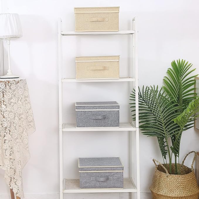 Storage Bins with Lid, Foldable Clothing Storage Box case with Handle for Closet, Bedroom, Home, Gray+Apricot, 13L x 12.5W x 7H inch