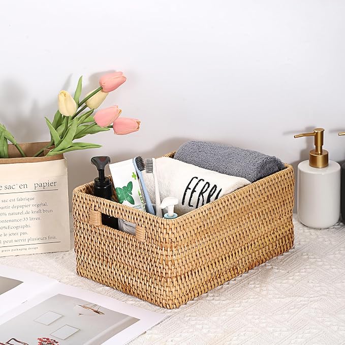 Hipiwe Woven Rattan Basket Natural Wicker Storage Basket Box with Handles | Rectangular Open Storage Bin for Shelf Bathroom Living Room Kitchen, 13" x 8.7" x 5.9"