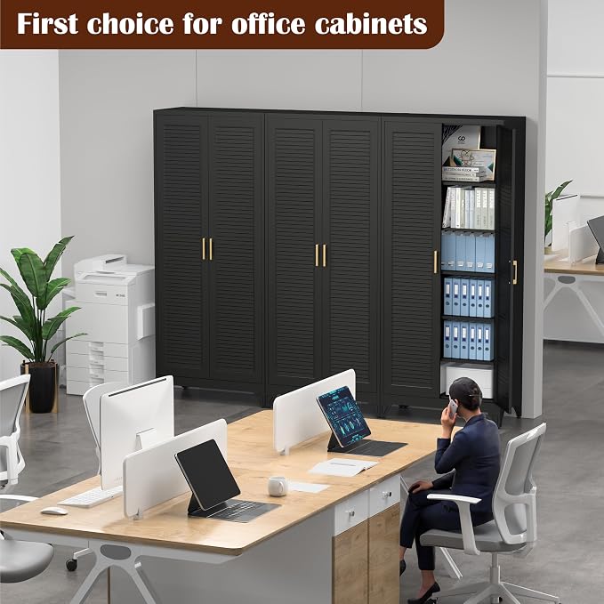 SteeLoong 75" Metal Storage Cabinet with Doors and 5 Adjustable Shelves | Kitchen Pantry Cabinet,Black Tall Freestanding Cupboard with Gold Handle,Steel Garage Cabinets for Tool,Office,Kitchen,School