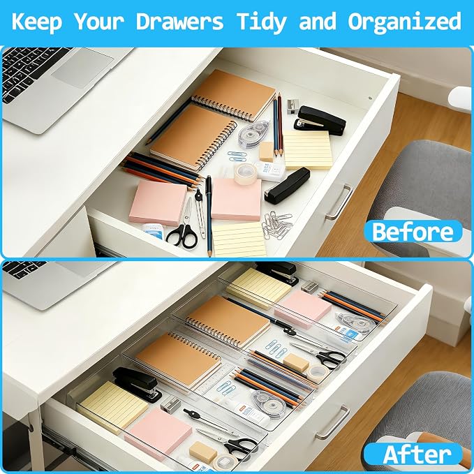 Manalete 4 Pcs Large Clear Plastic Drawer Organizer,15"x6" Vanity Organizer | Durable Clear PET Storage Bins Tray for Desk, Kitchen & Bathroom, Office, Tools, Easy Clean, Stackable, BPA-Free