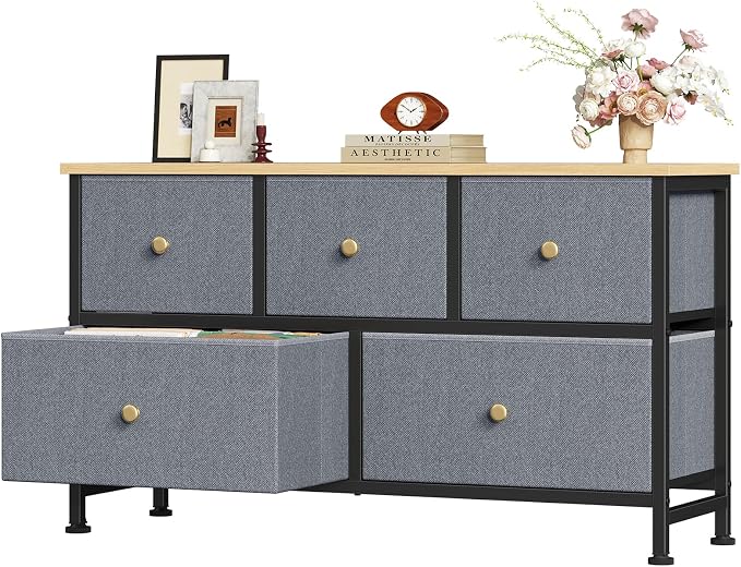 OLIXIS 5 Drawer Dresser for Bedroom, Storage Organizer Unit for Closet | Chest of Drawers for Clothes Storage with Bins, Wide Fabric Bedroom Dresser, Wooden Top, Living Room, Gray Blue