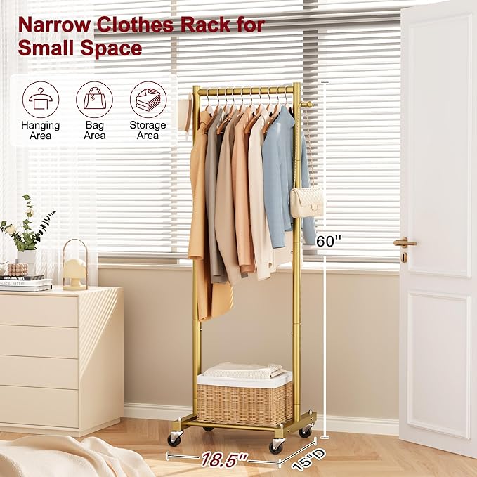 SLEEPING LAMB Small Clothes Racks for Hanging Clothes, Rolling Clothing Rack with Shelves, 60" Metal Garment Rack with Wheels Portable Wardrobe Rack for Small Space, Gold