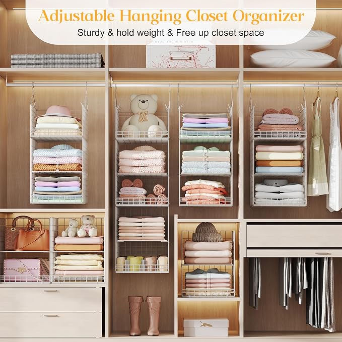 Yuyetuyo ﻿5 Tier Hanging Closet Organizer Separable Hanging Closet Shelves with 4 Hooks 2 Adjustable Dividers, Wire Storage Basket Bins for Clothing Sweaters Socks Dolls Handbags, Foldable