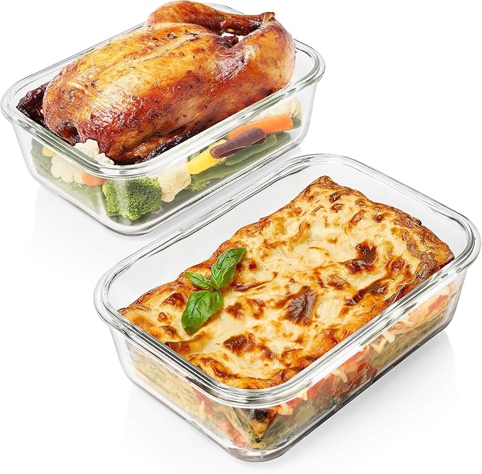 Razab 4 PC 1860ml / 63 Oz / 8 Cups Large Glass Food Storage Containers with Lids - Glass Meal Prep Containers for Roasting & Storing Leftover, Lunch Container with Lids, Microwave & Oven Safe