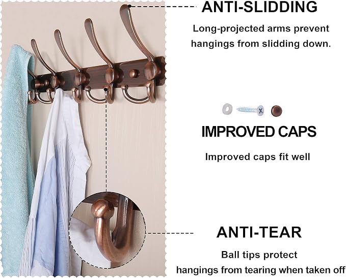 Dseap Wall Mounted Coat Rack - 5 Tri Hooks, Heavy Duty, Stainless Steel, Metal Coat Hook Rail for Coat Hat Towel Purse Robes Mudroom Bathroom Entryway,Antique Copper
