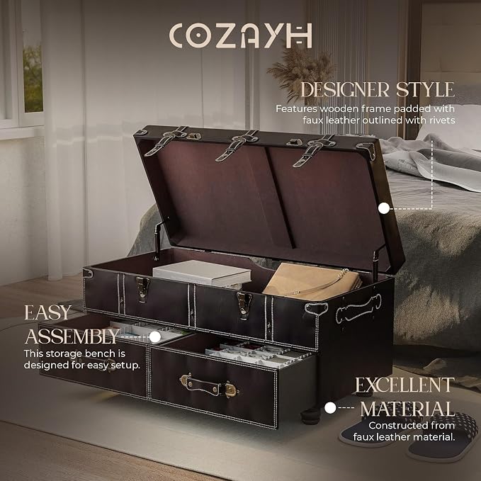COZAYH Vintage Storage Bench, Upholstered Wooden Ottoman Bed Chest Box