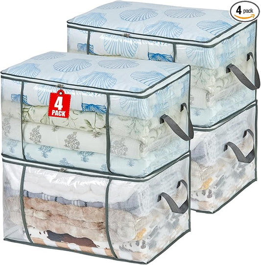 MKOKYD 80L Clear Large Storage Bag, Clothes Storage Containers for Organizing Closet, Bedroom, Underbed, Comforters, Clothing, Blankets, Pillow, Foldable Organizer with Sturdy Handle and Zippers (4)