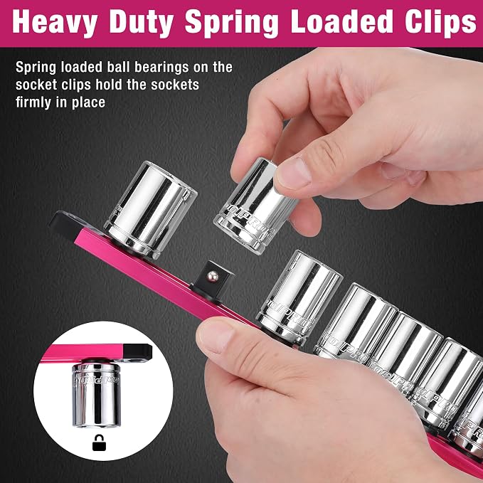 WORKPRO Magnetic Socket Organizer, Heavy Duty 1/2-Inch Drive Socket Rail | 1 Piece Socket Holder with 10 Spots, Aluminum Alloy, Rotatable & Movable Clips, Efficient Organization
