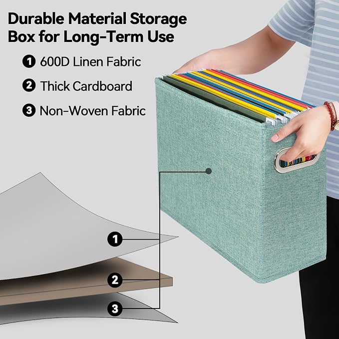 4 Pack Letter Size File Storage Box Collapsible, Fabric Hanging File Folders Organizer, Portable Office Document Holder with Metal Handle, Smooth PVC Rails, Green