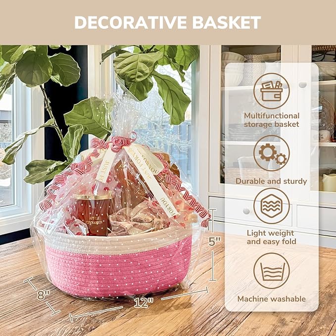 CHICVITA Gift Basket Empty with Bags & Ribbon for Baby Shower, Pink | 12"x 8"x 5" Woven Gift Basket Empty to Fill for Girl Birthday, Rope Baskets for Organizing, Decorative Basket