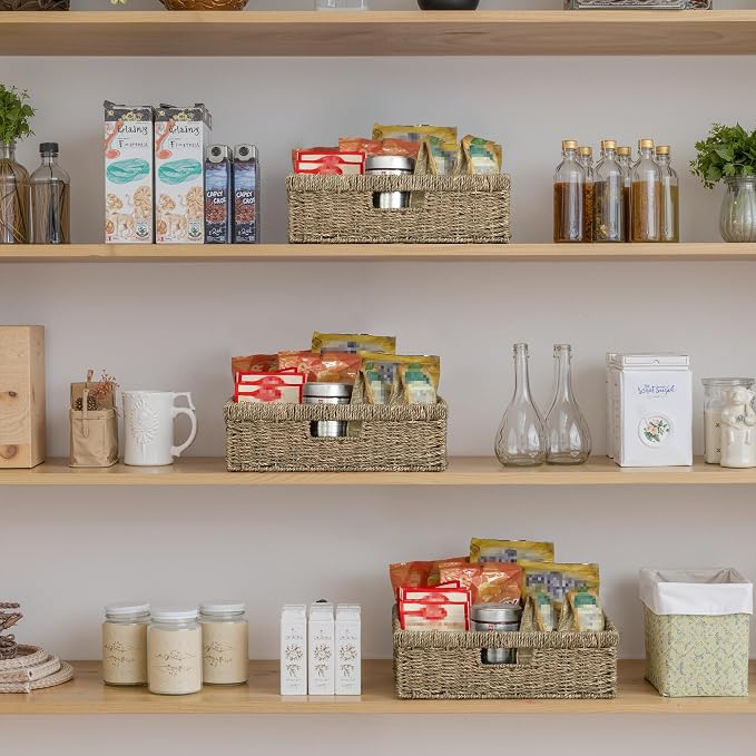 StorageWorks Pantry Baskets, Wicker Storage Baskets for Organizing, Shelves, Pantry Organizers and Storage, Seagrass, 15¼"L x 11¾"W x 4 ¾"H